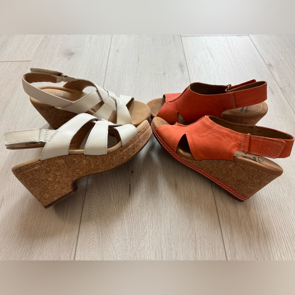 Clarks 2 Bundle Wedge Leather Sandals: Helio Float Coral + Giselle Beach White